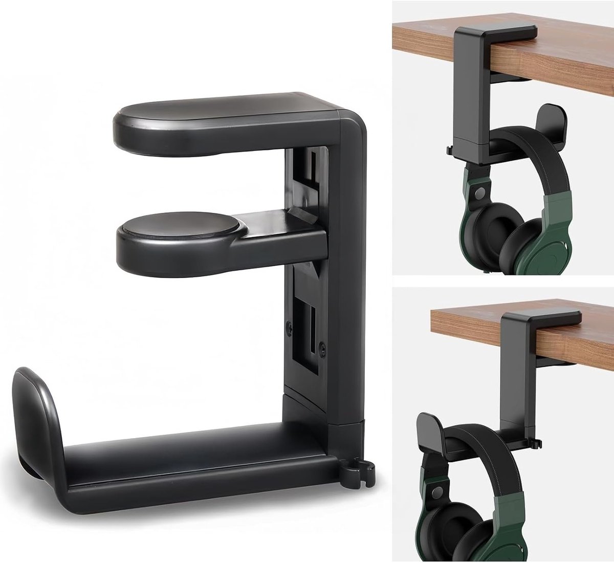 SnelShoppen - Hoofdtelefoonhouder met anti-slip clip, 360 graden draaibaar en verstelbaar, geschikt voor bureau en kast, headset mount zwart