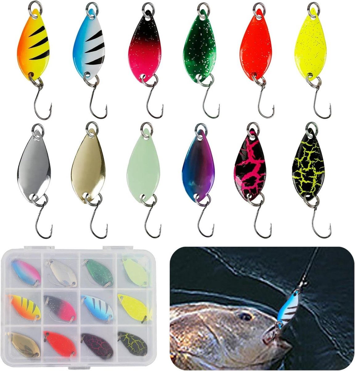 SnelShoppen - 12-delige Lepels Set voor Forel Vissen, 2.5g, 3cm, Hoogwaardige Metalen Aas, Geschikt voor Snoek, Zander en Baars, Inclusief Opbergbox