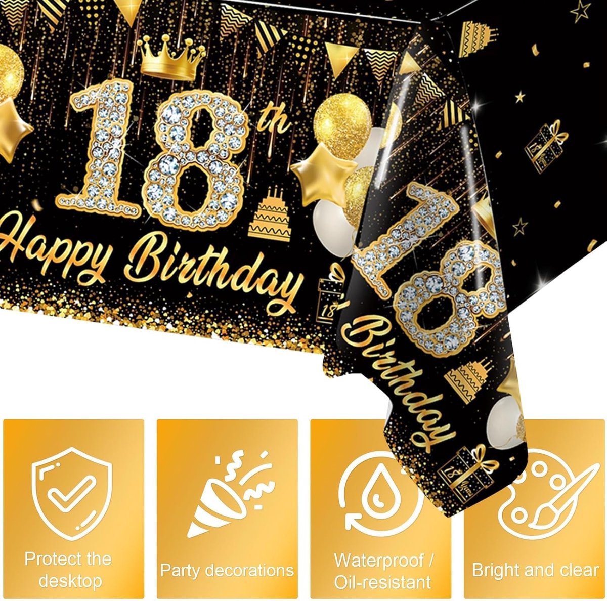 SnelShoppen - Zwarte Gouden Verjaardagstafelkleed 200x130cm, Happy 18th Birthday Tafelkleed, Feestdecoratie voor Jongens en meisjes, Waterdicht en Vle