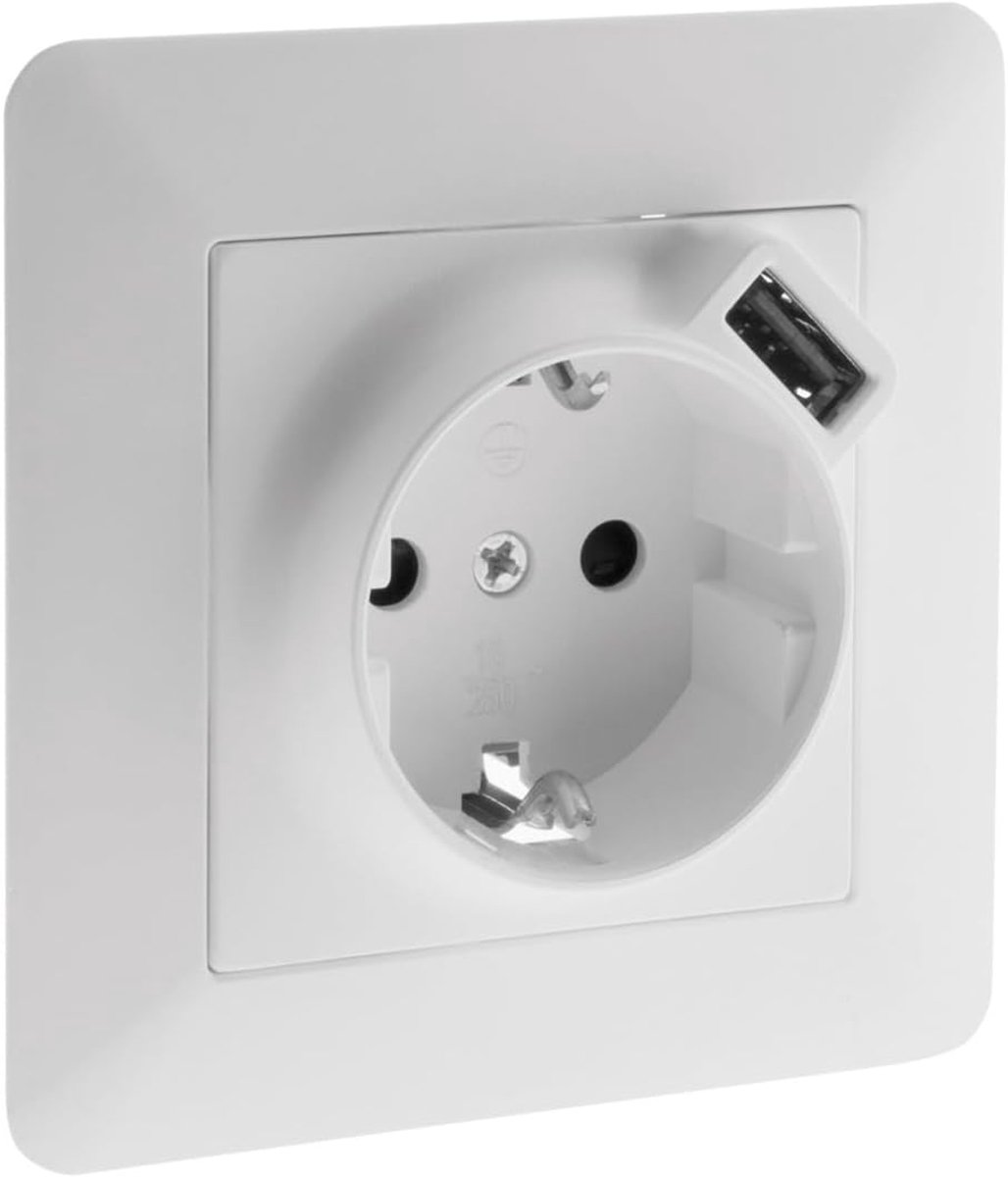 SnelShoppen - Schuko Socket + USB Wit, Asfora Inbouwdoos, Moderne Stopcontacten en Schakelaars, Eenvoudige Installatie, Geschikt voor Diverse Apparate