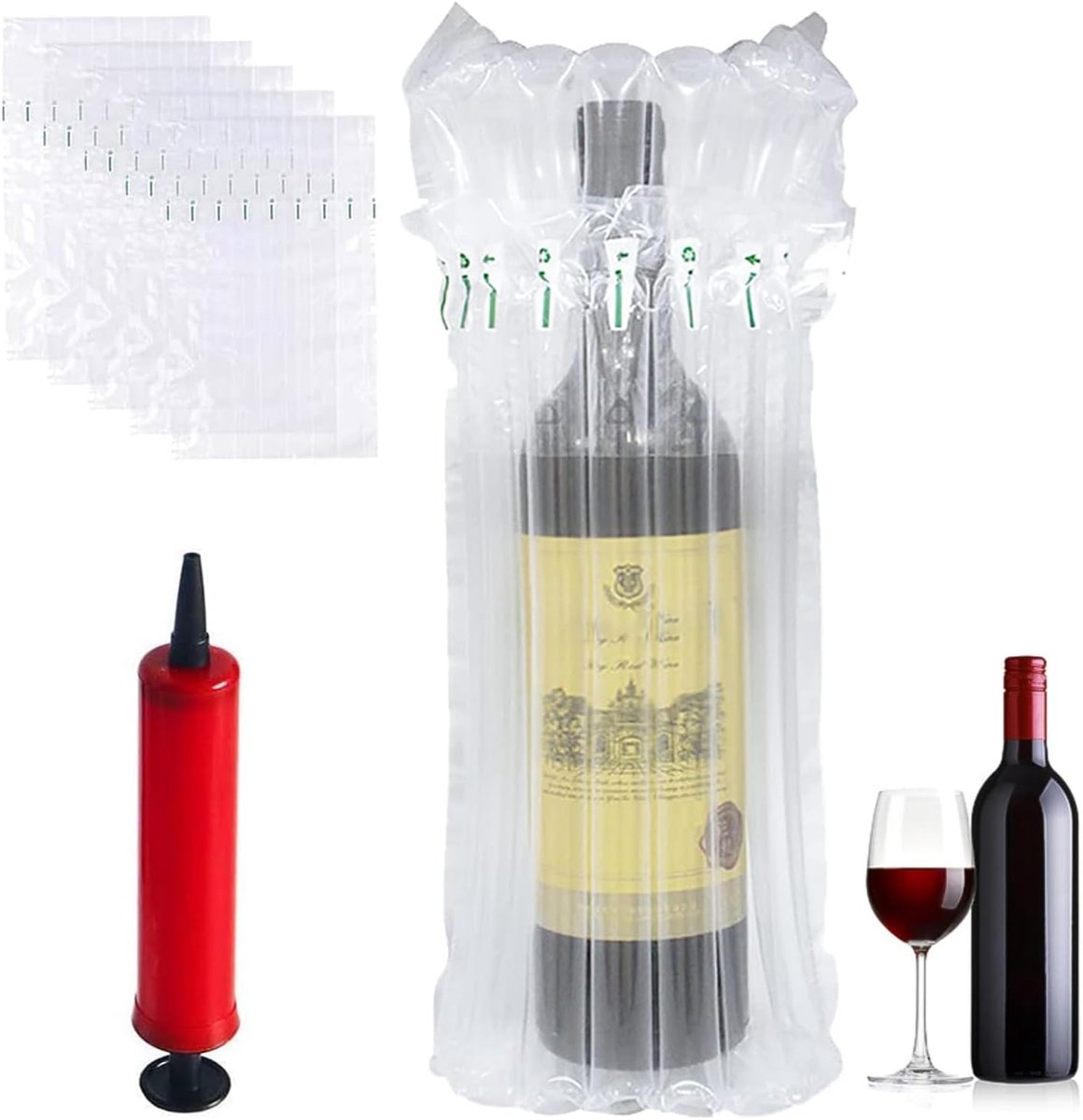SnelShoppen - 10 Stuks Wine Bottle Protection - Inflatable Air Pillars voor Veilige Verpakking en Verzending van Wijnflessen - Herbruikbare Pomp en Sc