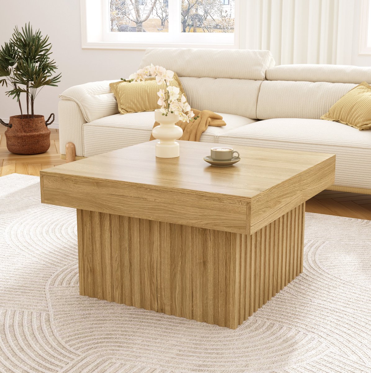 COVREO Salontafel 79x79x46 cm - naturel, PB tafelblad en MDF basis, eenvoudig te monteren