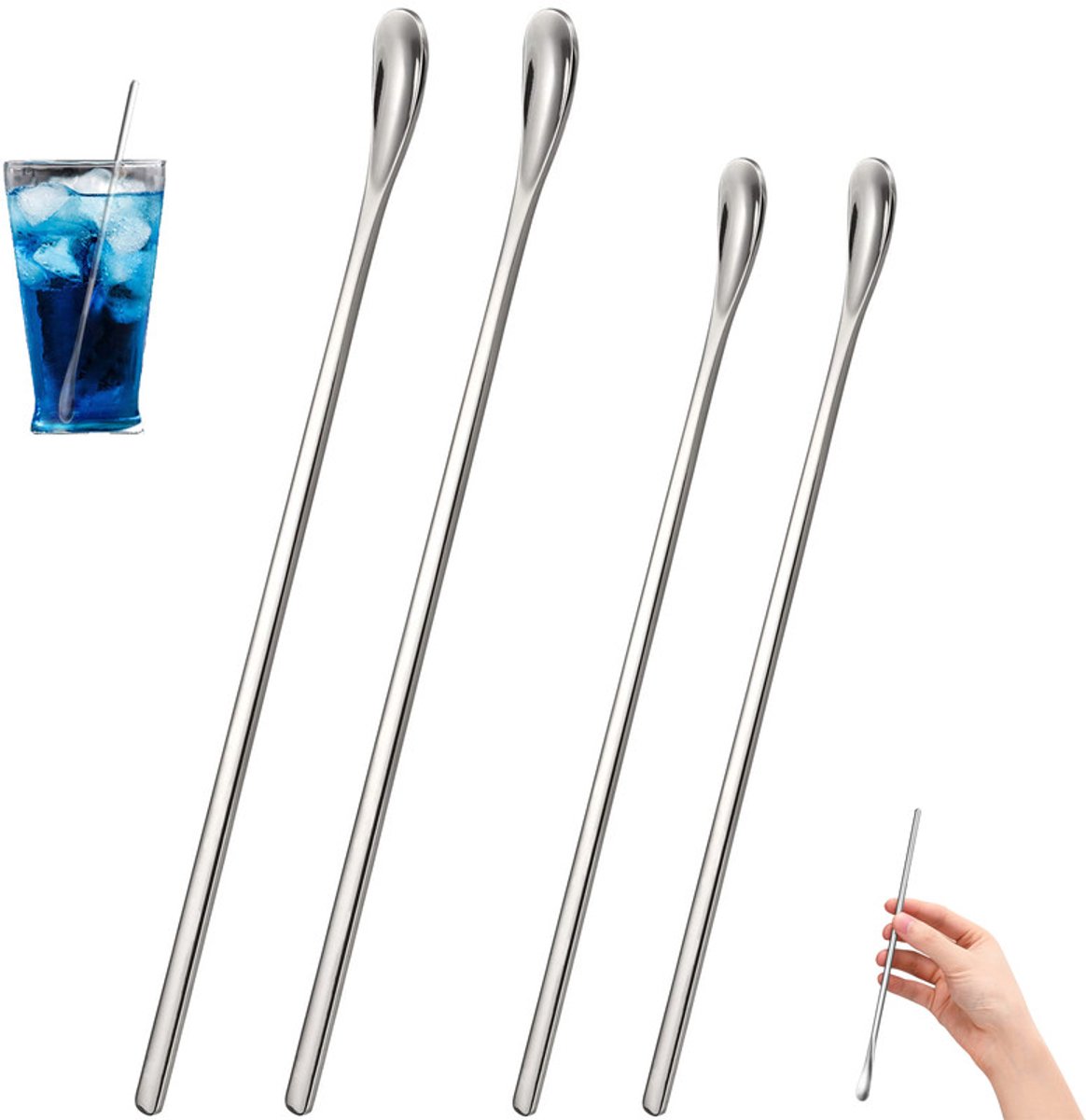 4 stuks- Roestvrijstalen koffieroerlepel – Drankroerder – Dessertlepel – Cocktailroerder – Mengstaafje – Klein zoutlepeltje – Herbruikbaar – Set van 2
