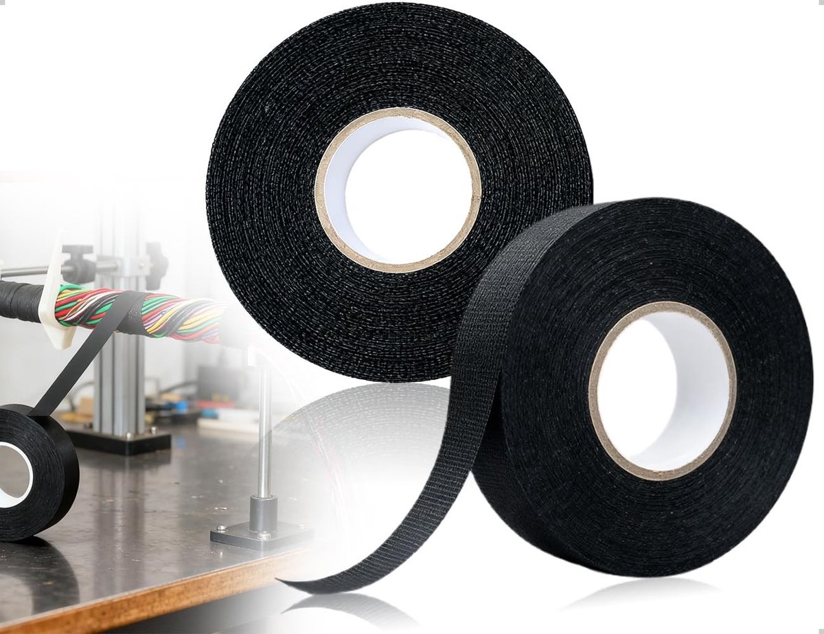 Zelfklevende weefseltape voor autobedrading - Ideaal voor reparaties aan motorfietsen, autokabels en elektrische verbindingen (2 rollen, zwart)