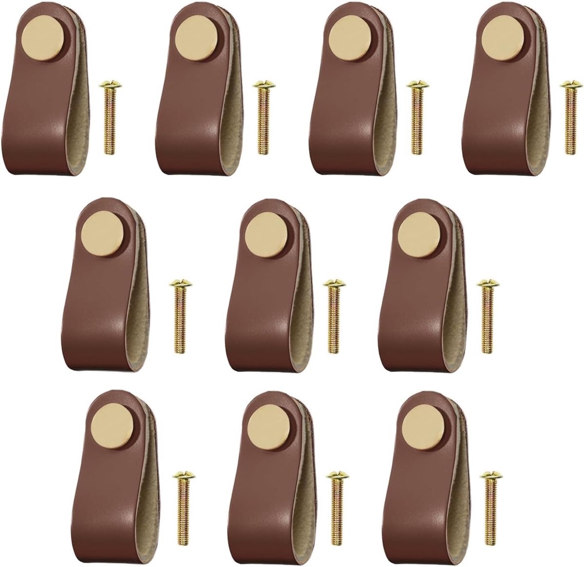 Set van 10 Leren Handgrepen voor Meubels, Kastknoppen, Ladeknoppen en Keukenmeubels met Schroeven