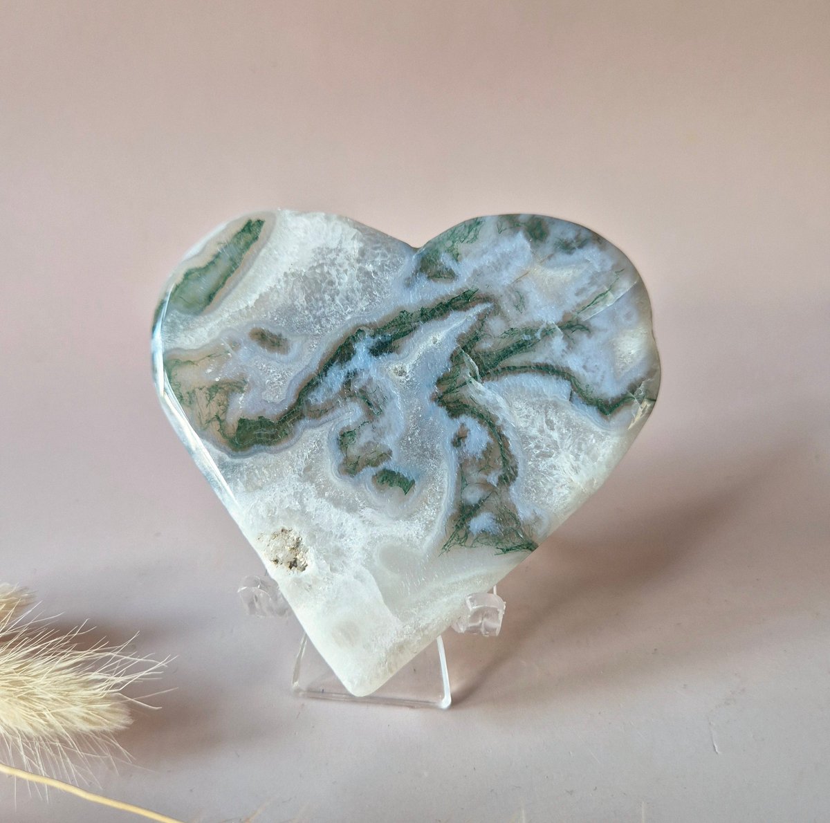 Edelsteen Druzy Mosagaat Hart op Metalen Standaard – #125 130-150gram
