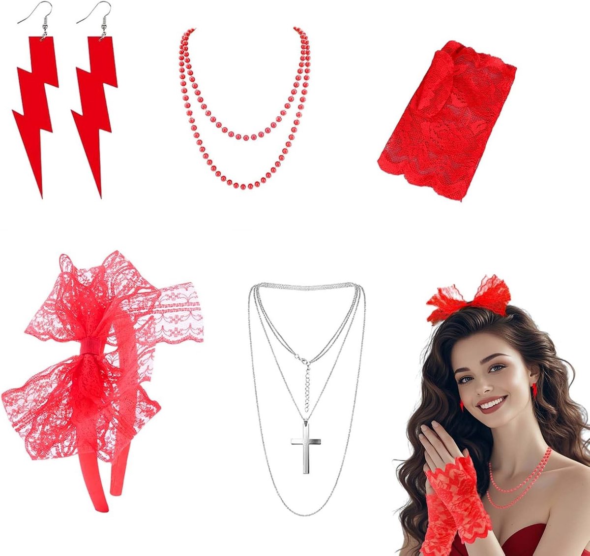 Vintage 80s Kostuumset met 5 Stukken in Rood en Zilver - Retro Accessoires voor Feestjes en Carnaval