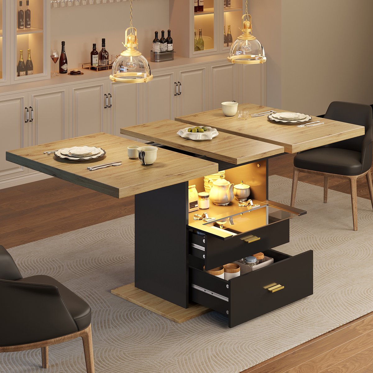 COVREO Eettafel 110-140x80x75 cm – houtlook, MDF en metaal, 2 lades en LED-verlichting