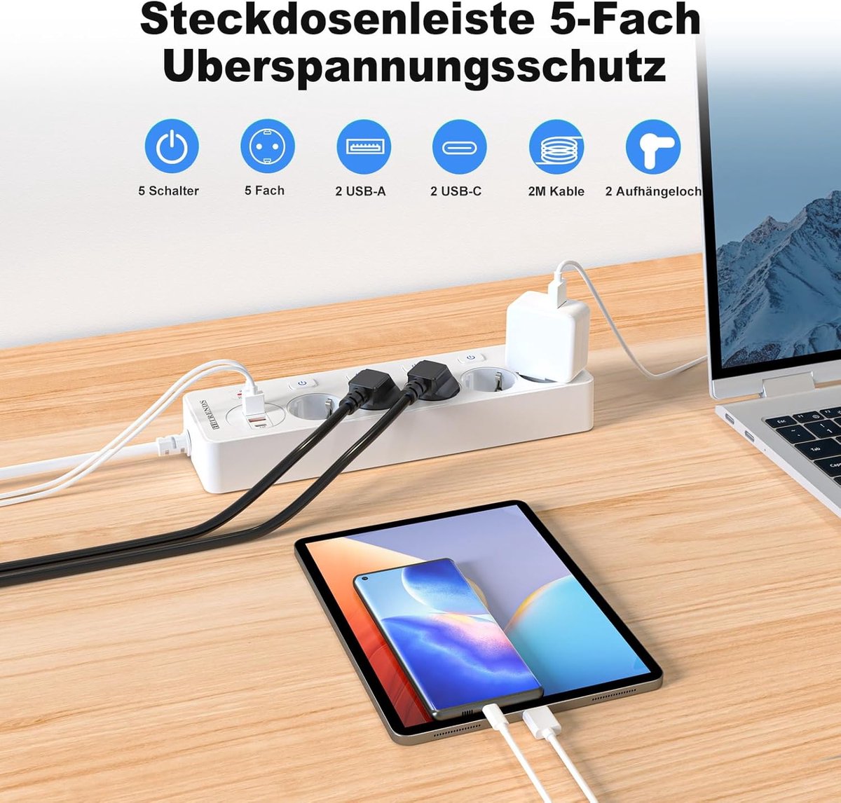 SnelShoppen - 5-Way Power Strip met USB (2A2C, PD 20W), Verdeelstekker met Plat Stekker, 5 AC + 4 USB Poorten, Schakelbare Stopcontacten, 2 m, Wit