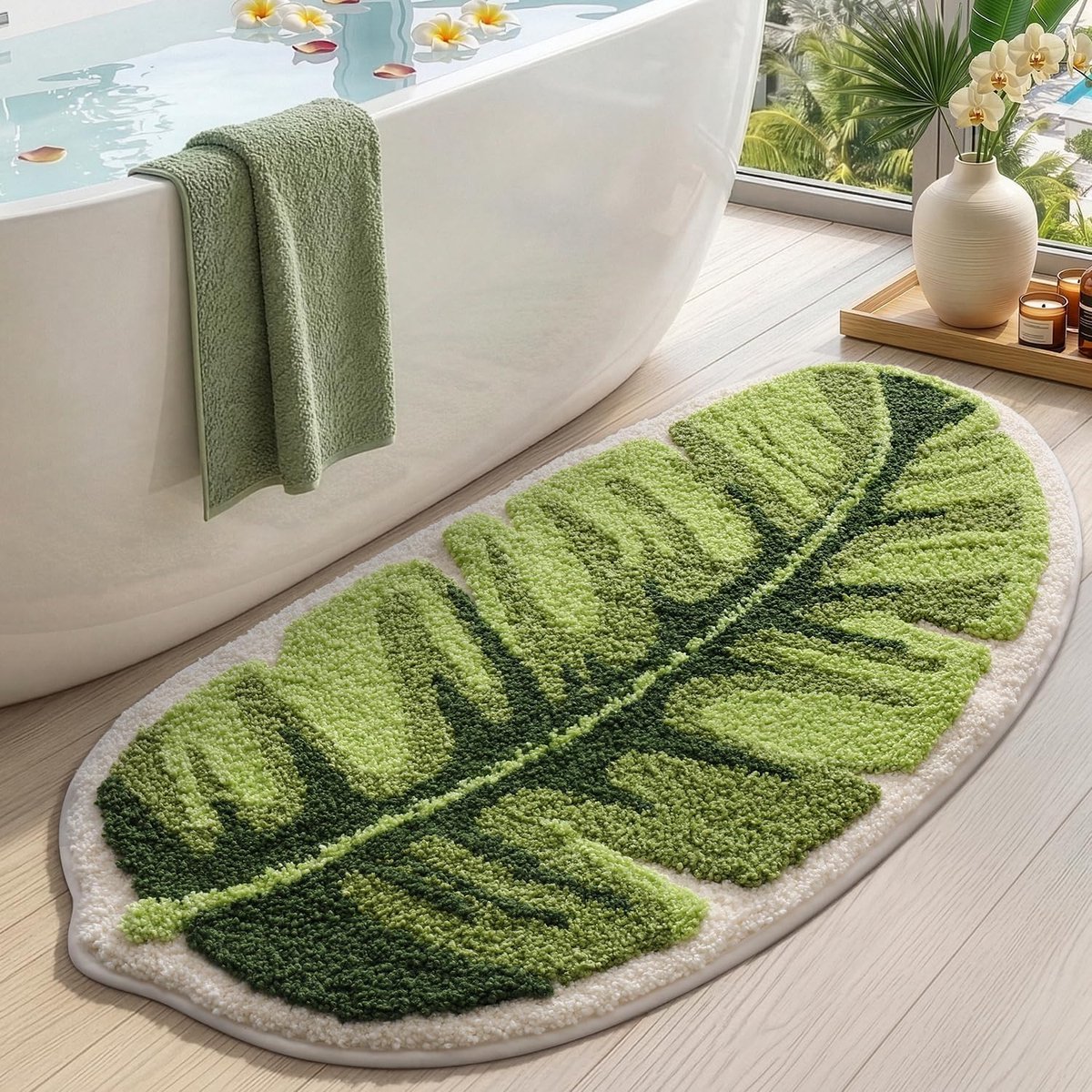 SnelShoppen - DEXI Badmat 61x122cm, Antislip en Zachte Badmat met Groene Bladeren, Machinewasbaar en Absorberend Badkleed voor Douche, Badkamer en Bad