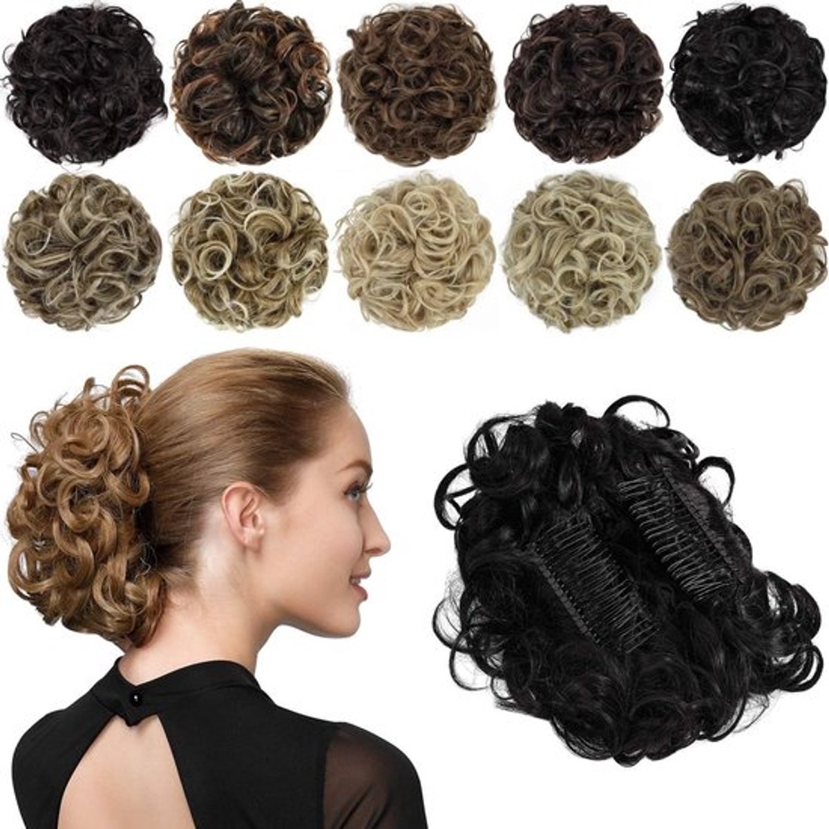 Haarstukje in krullende chignon stijl voor opgestoken kapsel met kammen voor vrouwen.