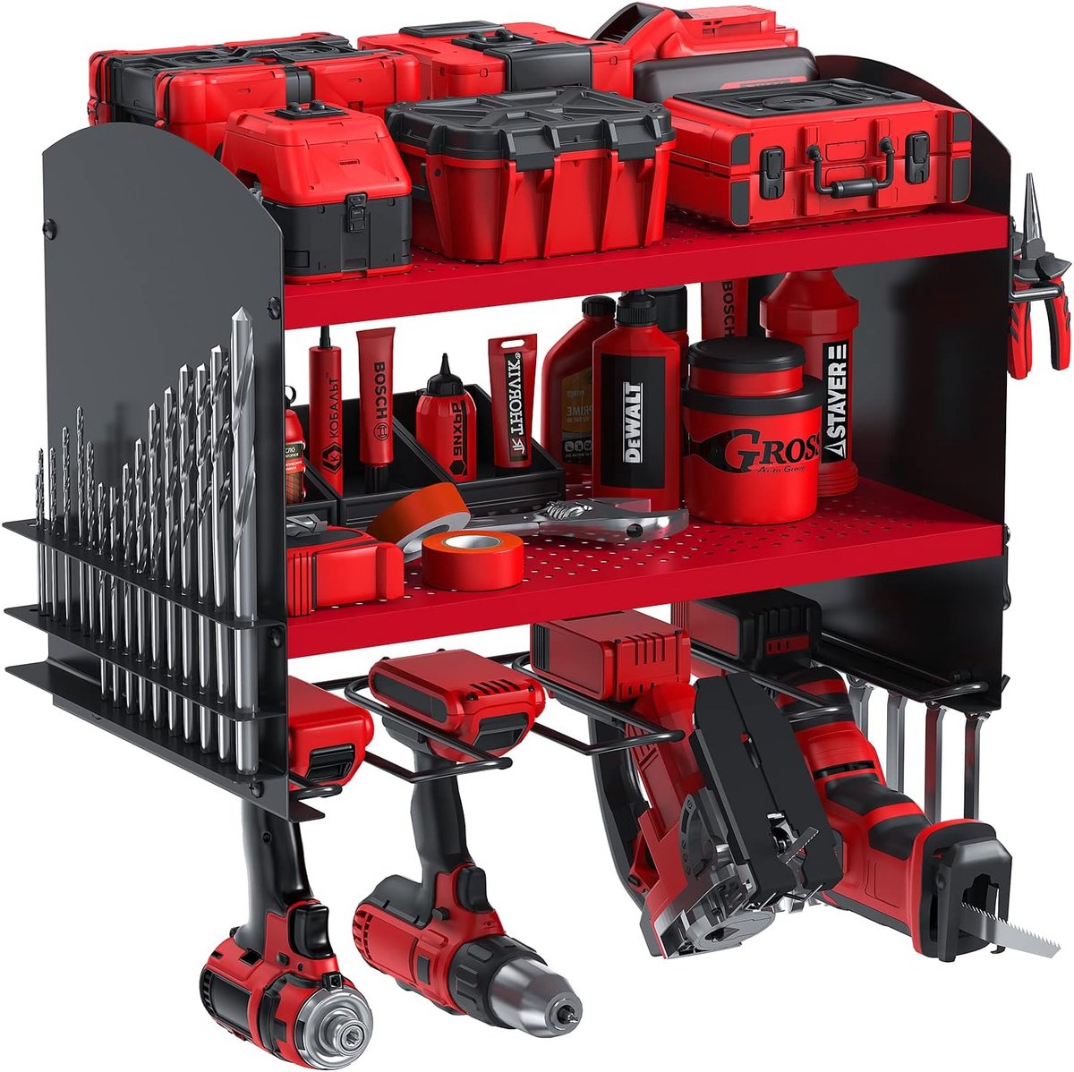 SnelShoppen - Wandmontage Gereedschapsrek voor Accuboormachines - Heavy Duty Tool Organizer met 4 Slots - Ruimtebesparend Gereedschapshouder - Rood St