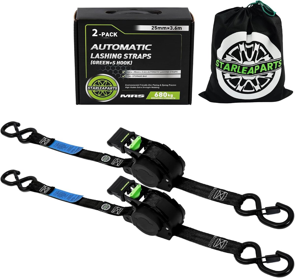SnelShoppen - 2x Automatische Lashing Straps met S Haak, 3.6m x 25mm, 340kg/680kg, Retractable Lashing Straps met Ratchet voor Motorfiets, Kayak, Vrac