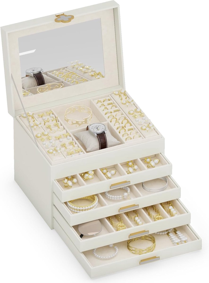 SnelShoppen - Luxe Sieradenbox met Spiegel - 5 Laags, 5 Laden, Lockable, Wit - Voor Ringen, Oorbellen, Kettingen en Armbanden - Elegant Faux Leer met