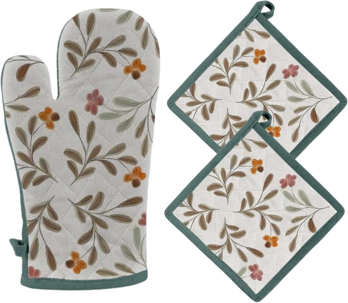 SnelShoppen - Ovenhandschoenen en Pannenlappen Set - Katoenen Keuken Handschoenen 32x18 cm + 2 Pannenhouders 20x20 cm met Decoratief Patroon - Warmteb
