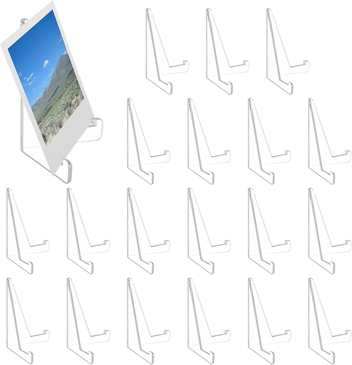 SnelShoppen - 20 Stuks Acrylic Card Stand - Transparante Plastic Easel Stand voor Foto's, Postcards en Kunstwerken - Duurzaam en Stabiel - 8.5cm
