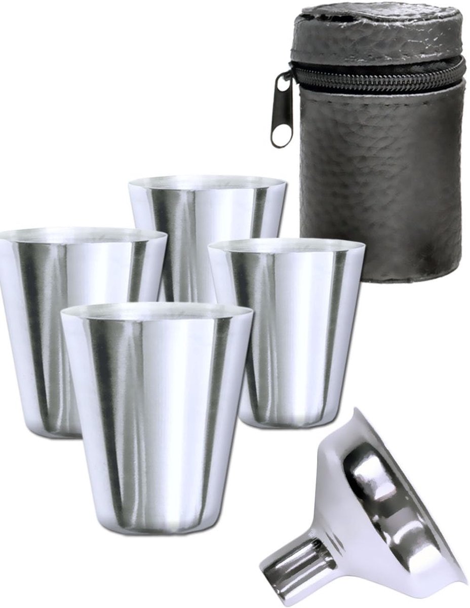 SnelShoppen - Set van 4 roestvrijstalen drinkbekers, 4 shotglazen 30 ml en trechter in leren opbergcase, ideaal voor camping, hiking en feesten