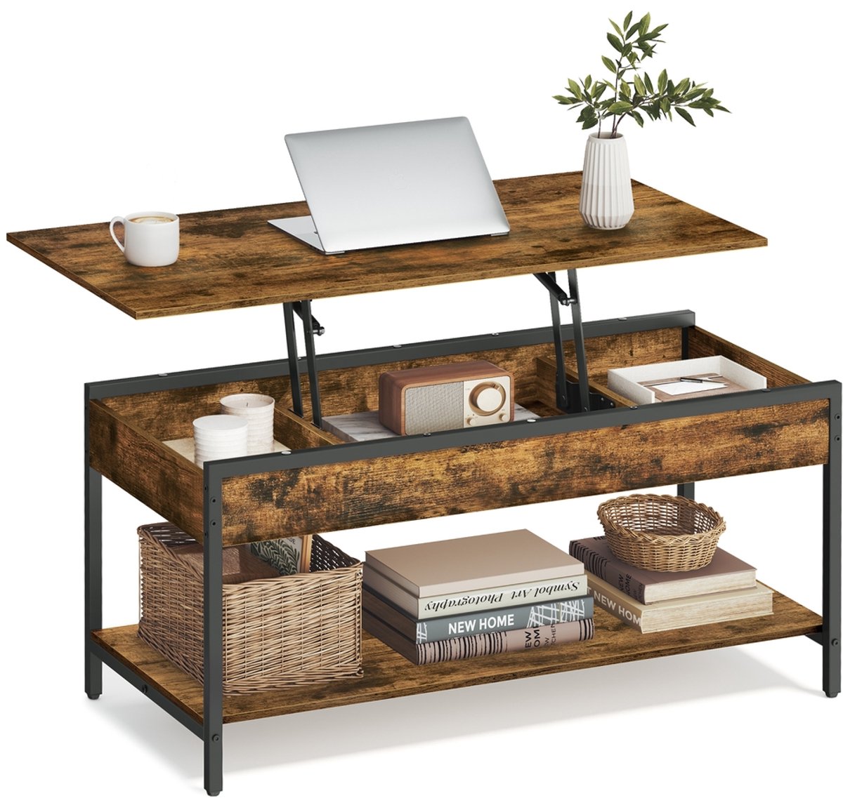 In hoogte verstelbare salontafel 50 × 100 cm met opbergvak - Vintage bruin-zwart - 50 x 100 cm - Vintage bruin/inktzwart