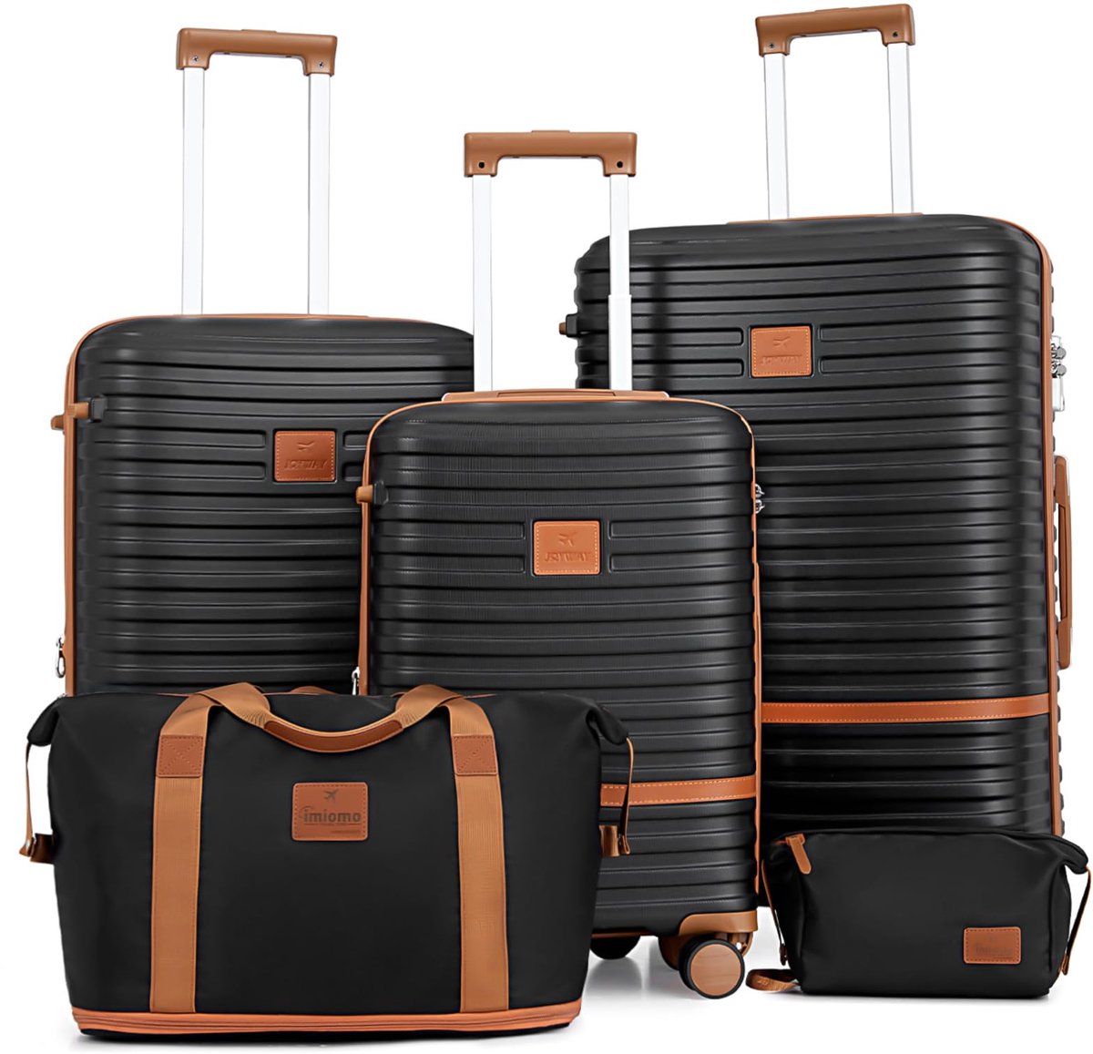 SnelShoppen - Uitbreidbare Trolley Kofferset 5-delig van ABS Hardshell in Zwart/Bruin - Handbagage Reis Koffer Set voor Vakantie, Weekendje Weg en Zak
