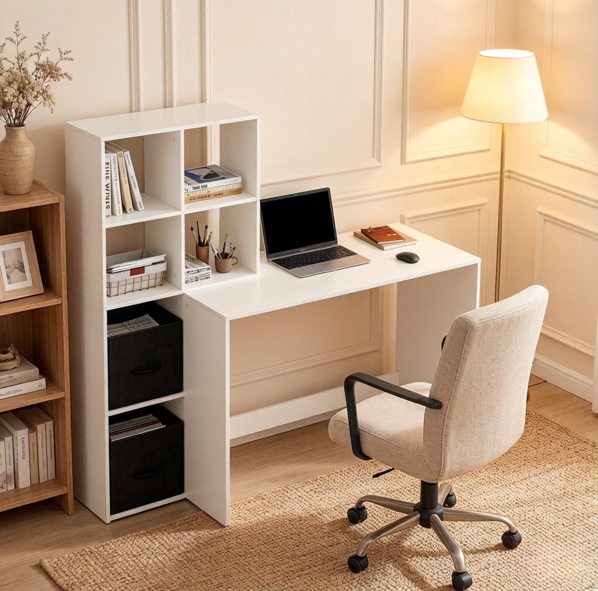 COVREO Bureau 140,5 x 134 x 50 cm wit, van hout met opbergruimte