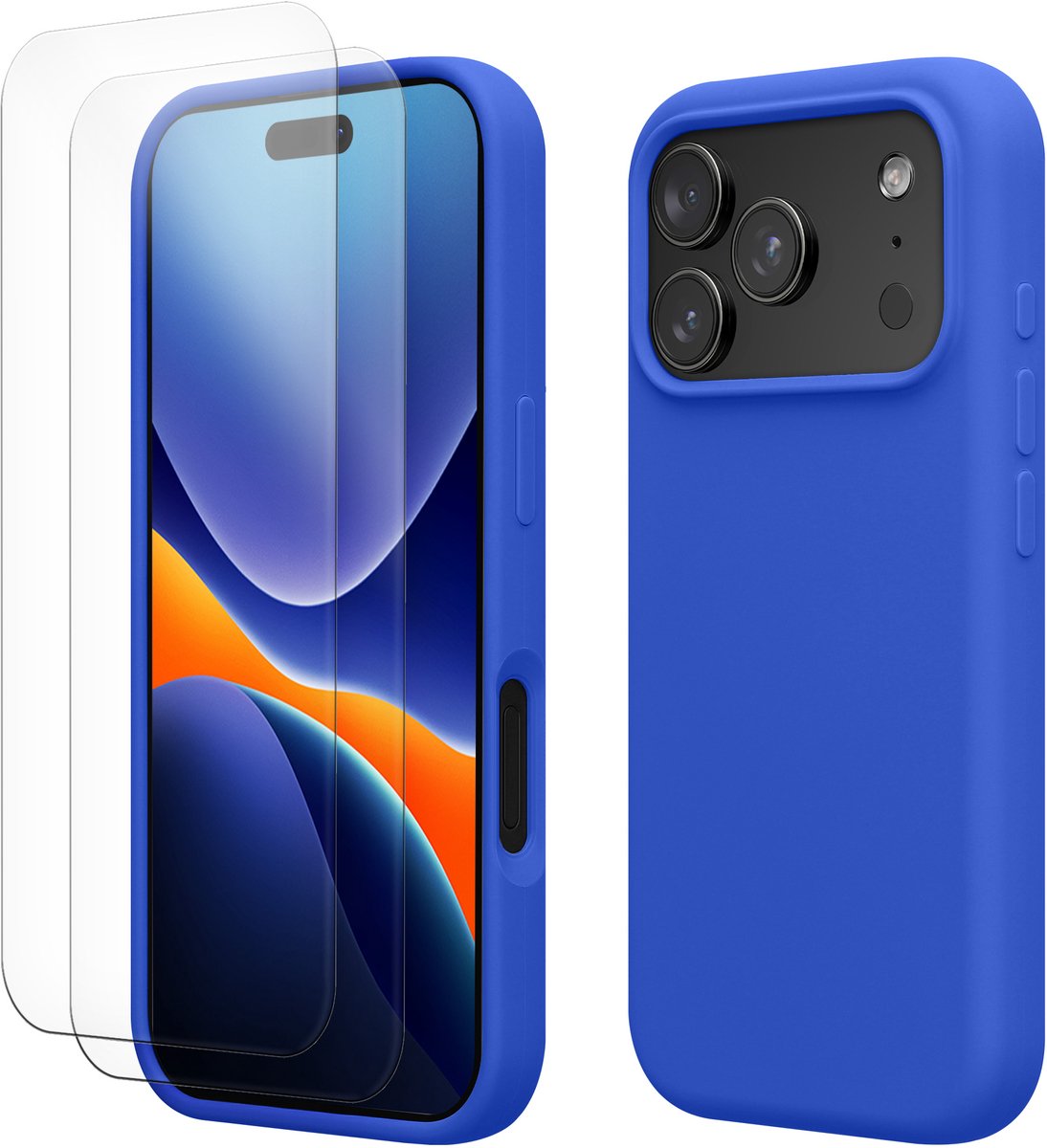 kwmobile hoes met 2x screenprotectors voor Apple iPhone 18 Pro / iPhone 17 Pro – screenprotector van gehard glas – draadloos opladen – Baltisch blauw