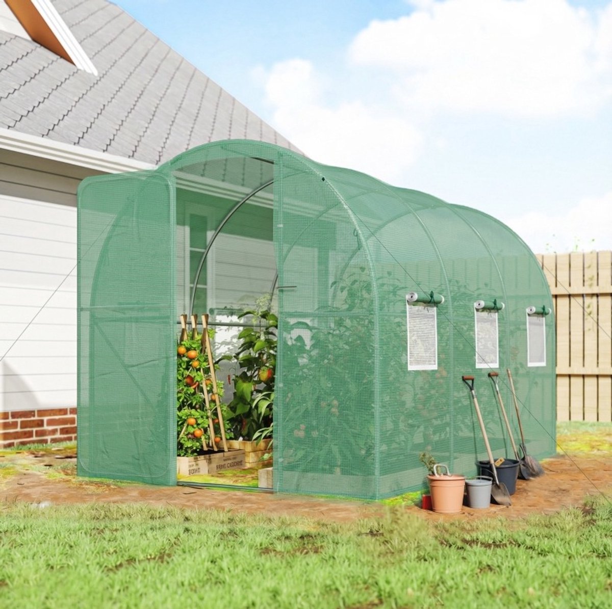 COVREO Kweektunnel 300 x 200 x 200 cm groen, PE met stalen frame en 6 netramen