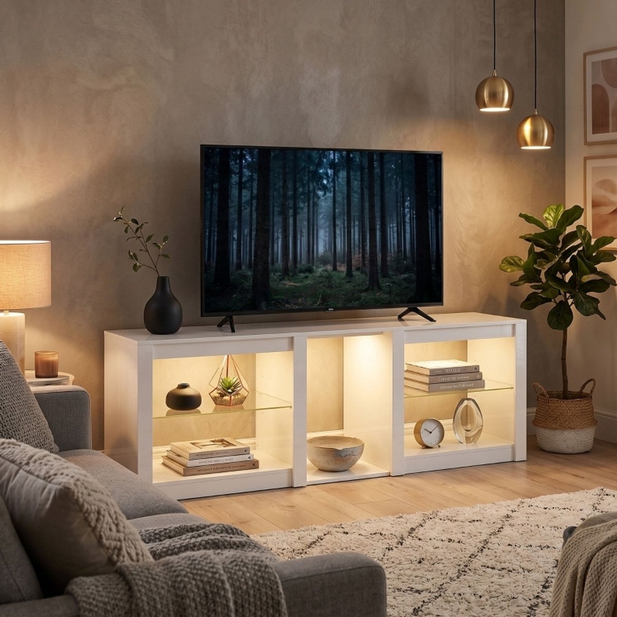 COVREO TV-meubel 160x35x52 cm wit, hout met RGB-led en glasplanken