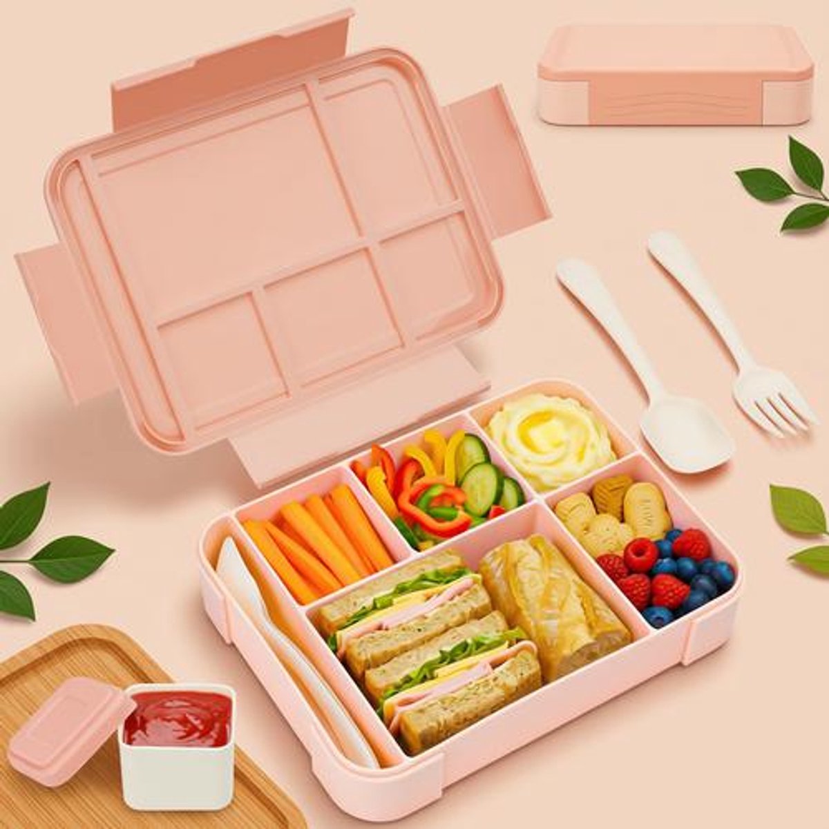 BILMU Lunchbox Kinderen met Vakken Lekvrij 1300ml, BPA-vrij Bento Box met 5 Compartimenten & Sausbakje, Broodtrommel voor School & Uitstapjes, Lichtgewicht 340g