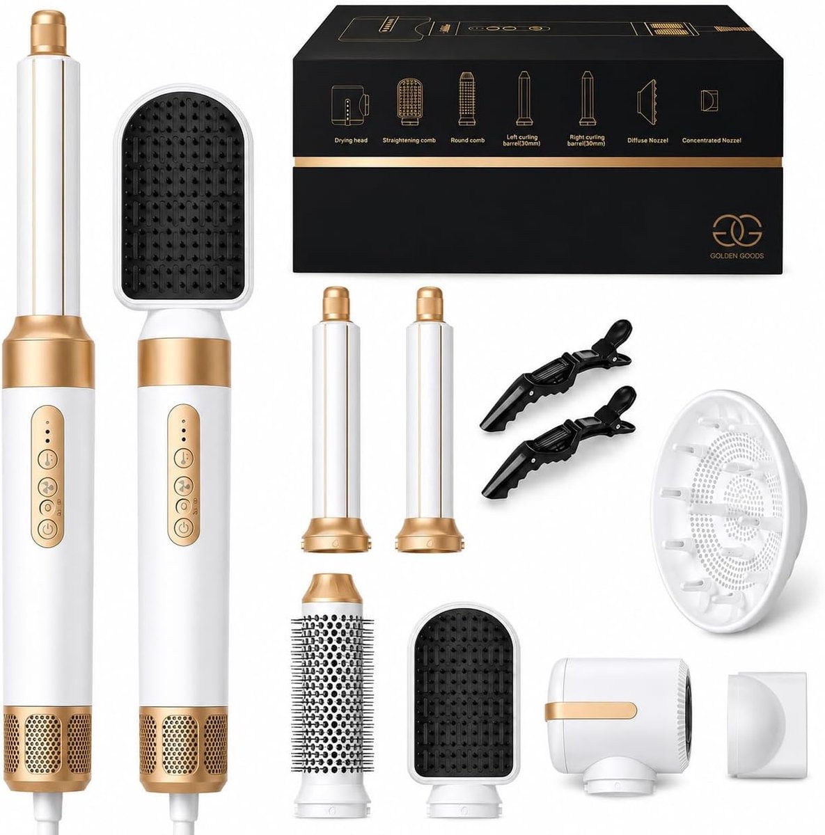 SnelShoppen - Föhnborstel 7 in 1 met Diffuser - Multi Styler Airstyler Ronde Borstel Krultang - Heteluchtborstel in Wit/Goud voor Perfecte Krullen en