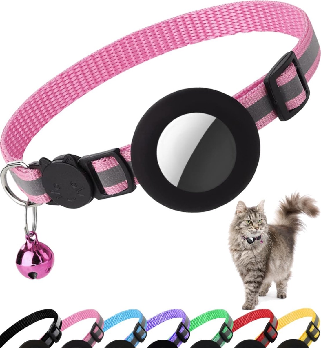 SnelShoppen - Reflecterende Kattenhalsband met Airtag Beschermhoes (Roze) | Veiligheidssluiting, Airtag Beschermcase en Bel, Lichtgewicht en Geschikt