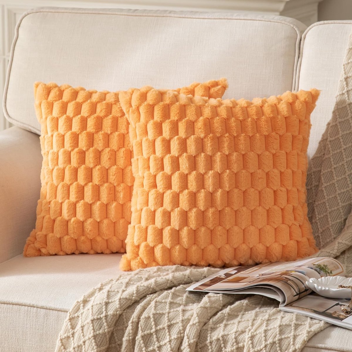 Omgoods - Set van 2 Oranje Pluche Kussenhoezen - 60 x 60 cm