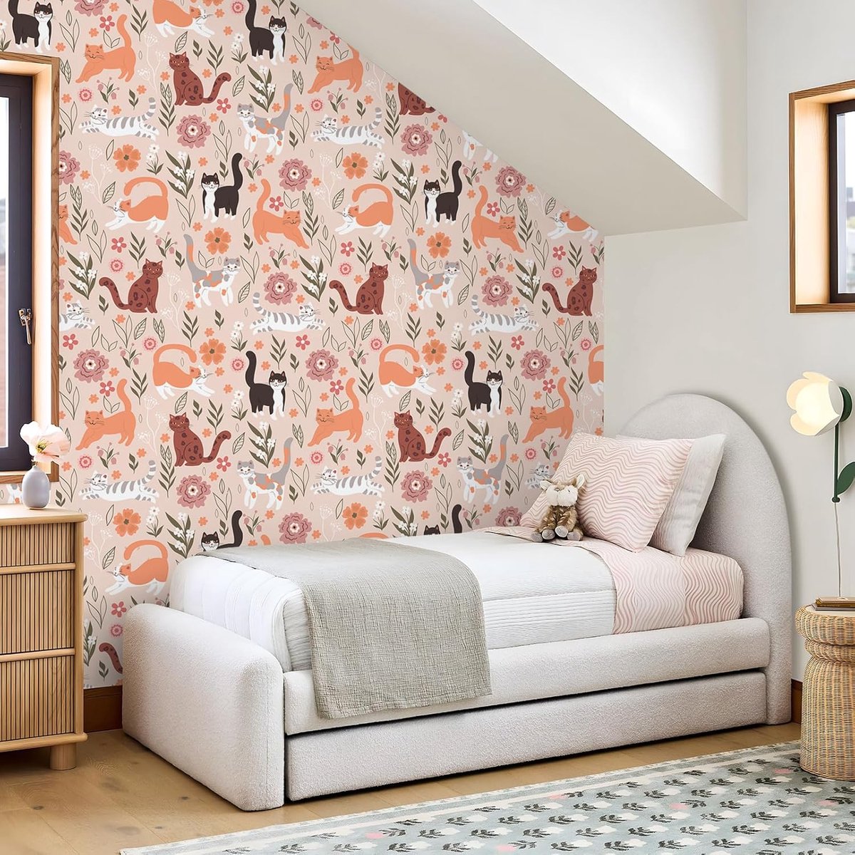 Behang kinderkamer roze kat fotobehang bloemen 44,5 cm x 300 cm schattig kitten patroonbehang afneembaar poppenhuis behang meisjeskamer speelkamer kinderbehang dierbehang