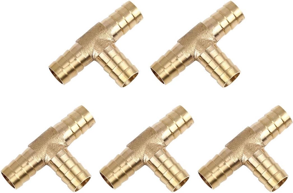 sourcing map 5 stuks. Slangaansluiting messing 3-weg T-connector lucht water gas olie buis 5mm 12mm Gold Tone