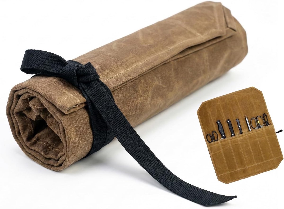 koksmes, rol met 7 vakken, van gewaxt canvas, draagbare koksmessenopslag, duurzaam, voor keuken, camping en outdoor, kaki