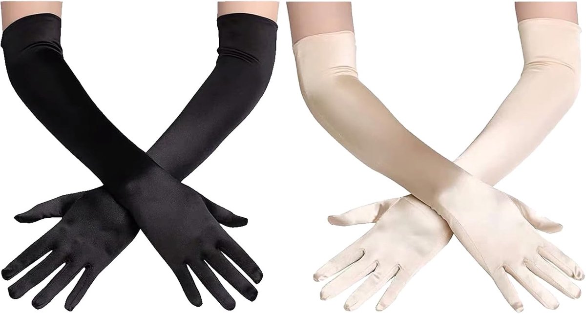 Handschoenen, jaren 20-stijl, lange handschoenen voor kostuum, avondopera, bruidsfeest, bruiloft, bal, zwart, champagne