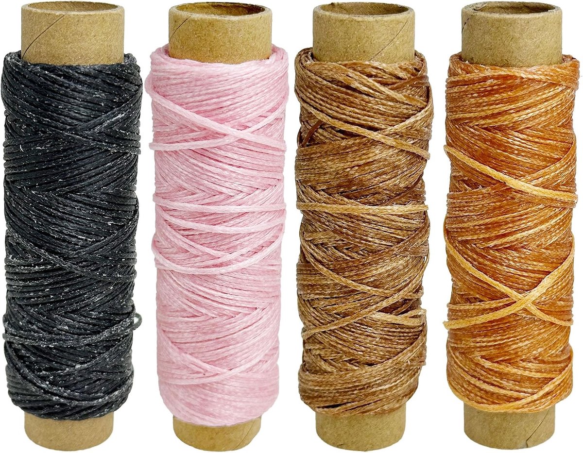 4 kleuren gewaxt polyester koord, 0,8 mm, 150D, gewaxt garen voor lederwerk, tapijten, zwart, donkerkaki, lichtbruin, roze