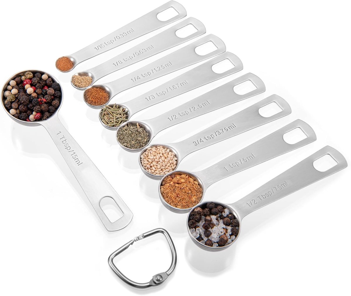 metalen maatlepels koken, 18/8 roestvrij staal, set van 9 stuks | Keuken meetgereedschap, gegraveerde theelepel en eetlepel, schep accessoire voor bakken, voor droge en vloeibare ingrediënten