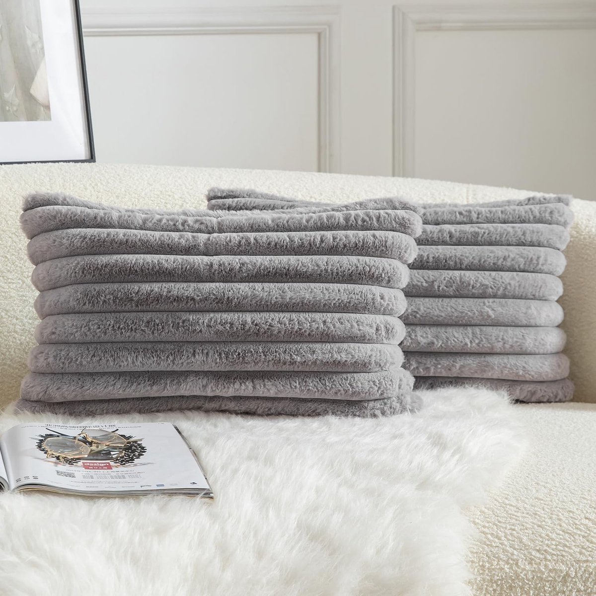 Omgoods - Set van 2 Faux Fur Kussenhoezen 30 x 50 cm, Grijs