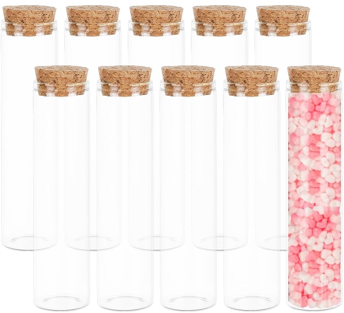 Omgoods- Reageerbuisjes 60 ml met kurkstop - Glazen reageerbuisjes - Mini flessen voor laboratorium - Cadeautjes voor gasten - Voor zoetigheden/kralen - 10 stuks - Glazen Flesjes