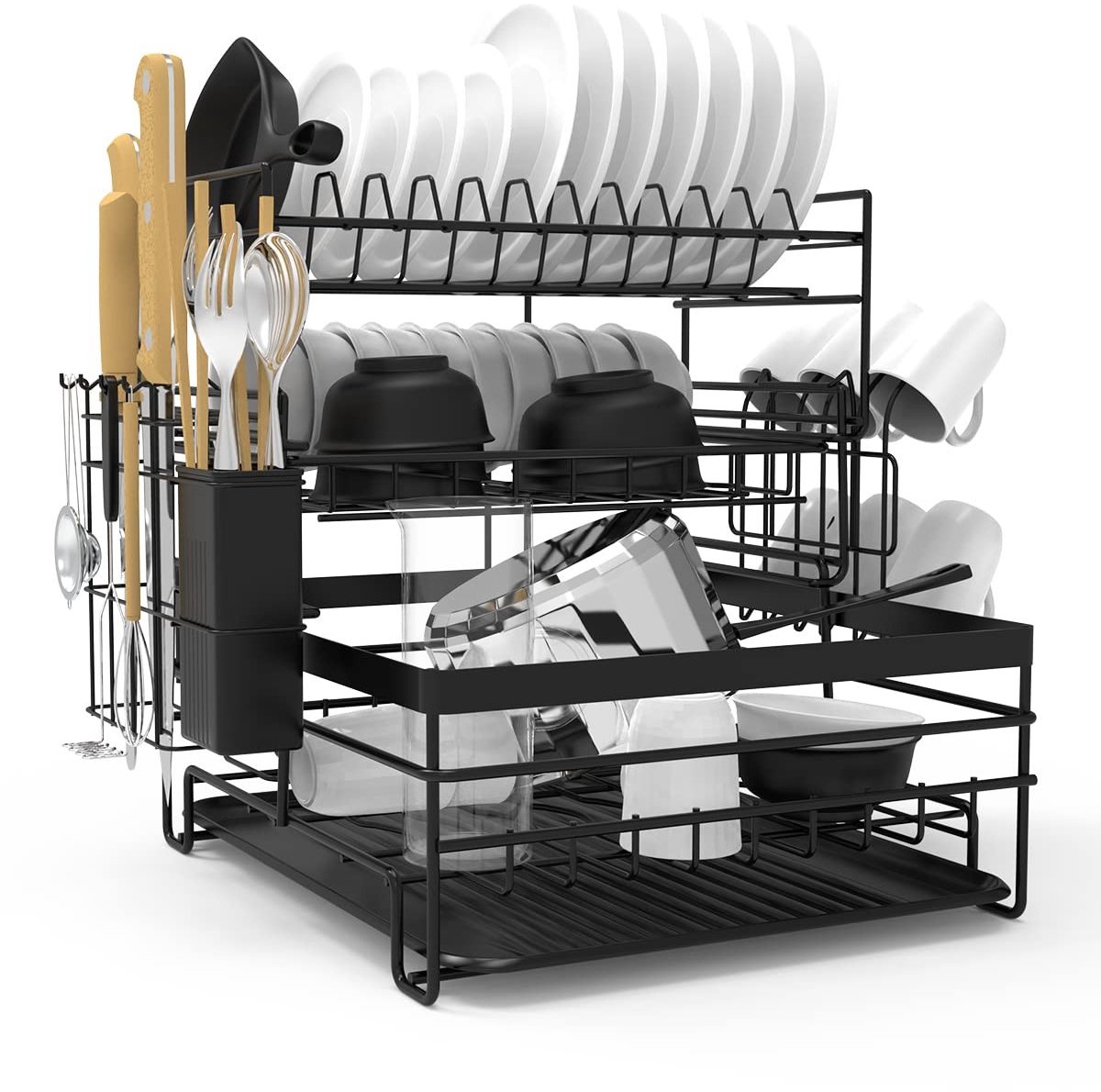 Omgoods - Afdruiprek - 3-laags afdruiprek met lekbak - zwart - roestvrij staal - keukenaccessoire - geschikt voor servies - 3 Tier