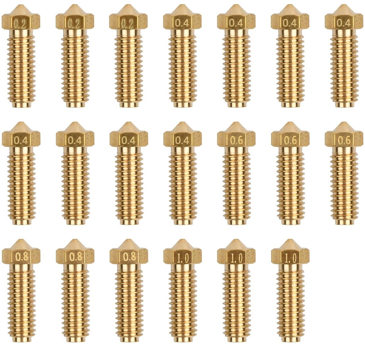 Set van 20 mondstukken van messing voor 3D-printer, Cobra 2, 1,75 mm, vulkaanmondstuk, 8 stuks 0,4 mm en 3 stuks 0,2 mm/0,6 mm/0,8 mm/1,0 mm voor Anycubic Kobra 2, Kobra 2 Pro/Plus/Max/Neo