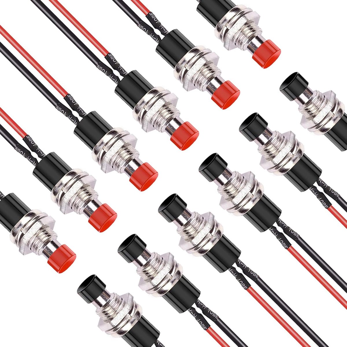 7 mm Mini Round Momentary 2 Pins voorgesoldeerde drukknopschakelaar spst normaal open drukknoppen schakelaar één rood zwart (12 stuks) Lewttyer