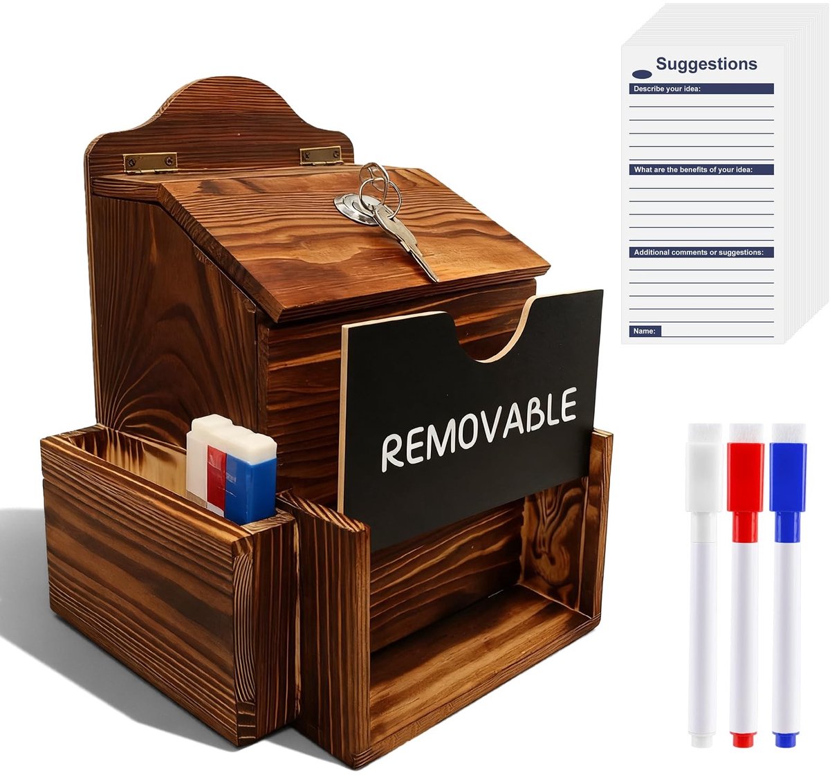 Omgoods - Houten Suggestiebox met Sleutel - 50 Kaarten - Ideaal voor Restaurant, School en Evenementen