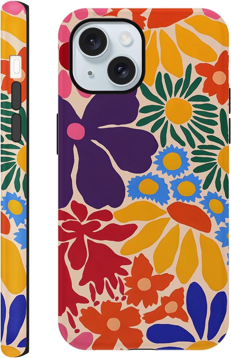 Hoes voor iPhone 15 6,1 inch (15,5 cm), hoes esthetisch zomerbloemen, tekenontwerp, patroon, stootvaste siliconen achterkant, beschermhoes, bumper telefoonhoes voor vrouwen en meisjes, 02