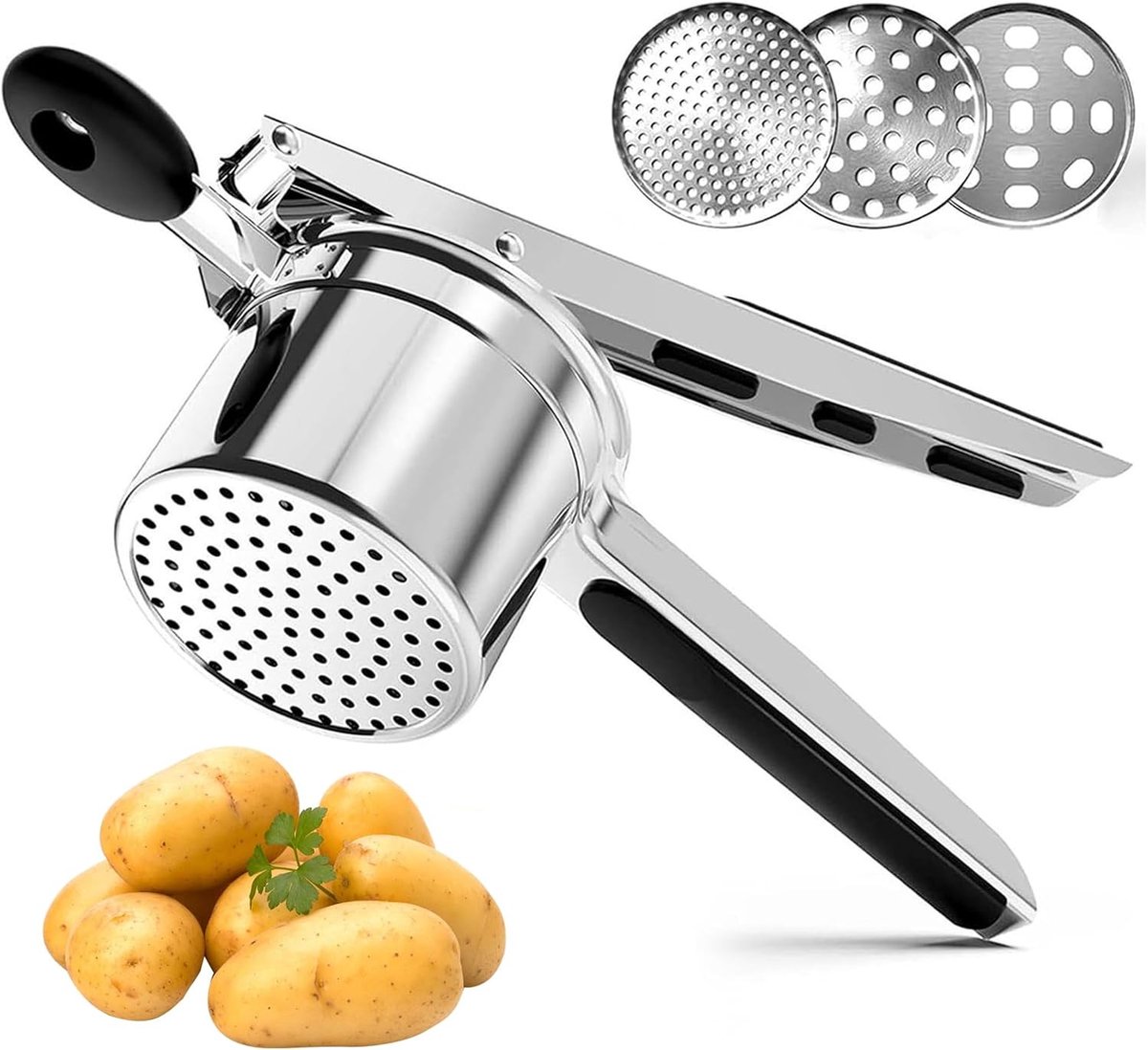 machacador de patatas de acero inoxidable, inclusief 3 discos y mango de silicona antideslizante para aplastador de patatas, chafador de patatas para hacer puré de patatas/zumo de limón
