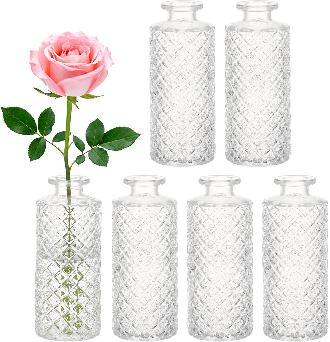 Omgoods - Set van 6 Vintage Glazen Vazen - Perfect voor Tafeldecoratie