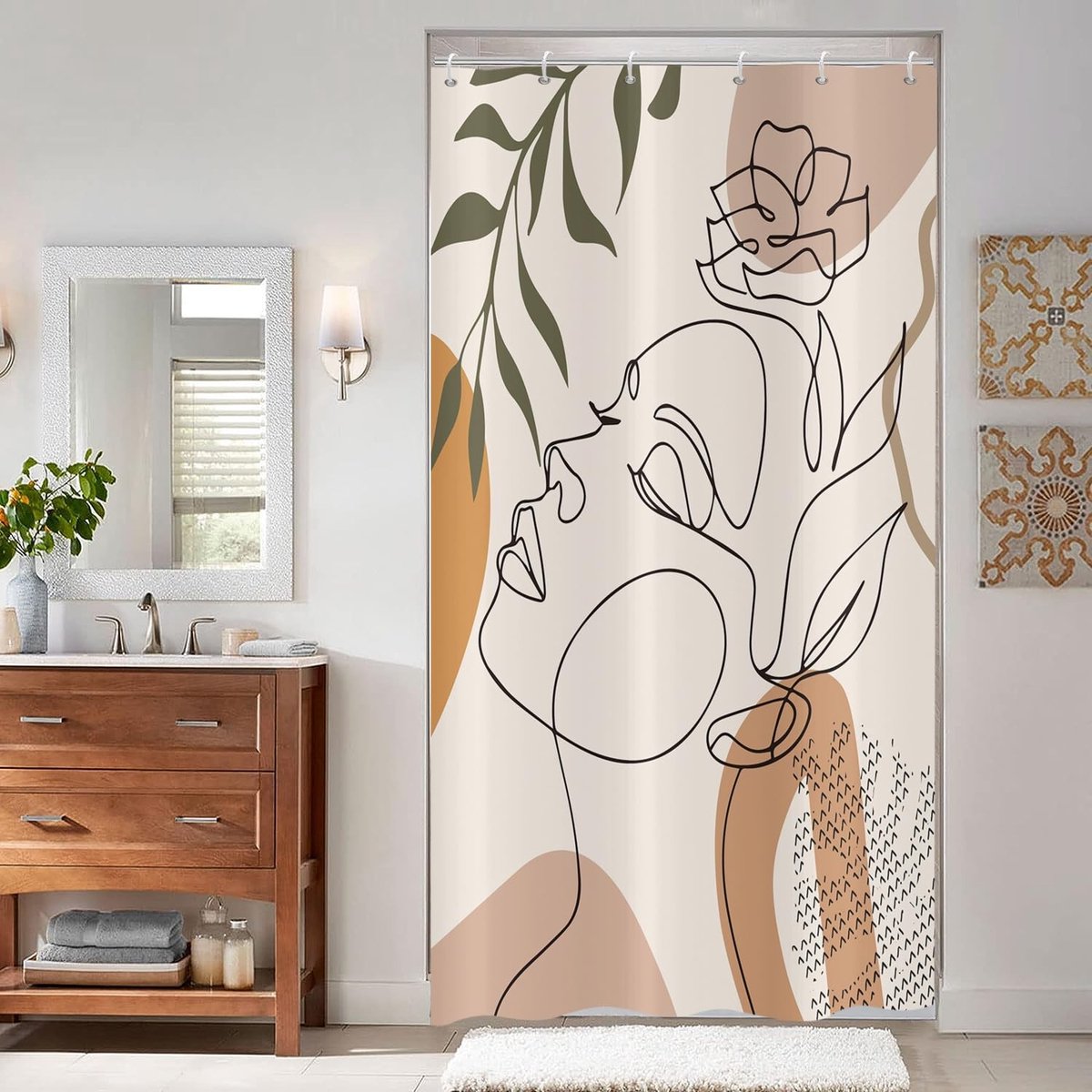 Omgoods - Beige Douchegordijn 90 x 180 cm met Bloemen en Bladeren
