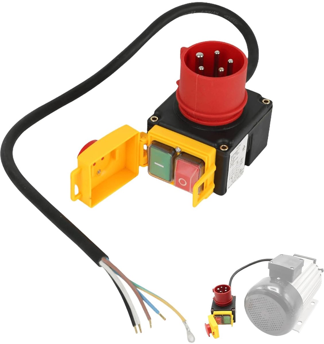 noodstopschakelaar, 400 V, 3 fasen, met herstartbeveiliging en 80 cm kabel, veiligheidsschakelaar, nulspanningsschakelaar, noodstopschakelaar, noodstopschakelaar, identiek aan KEDU