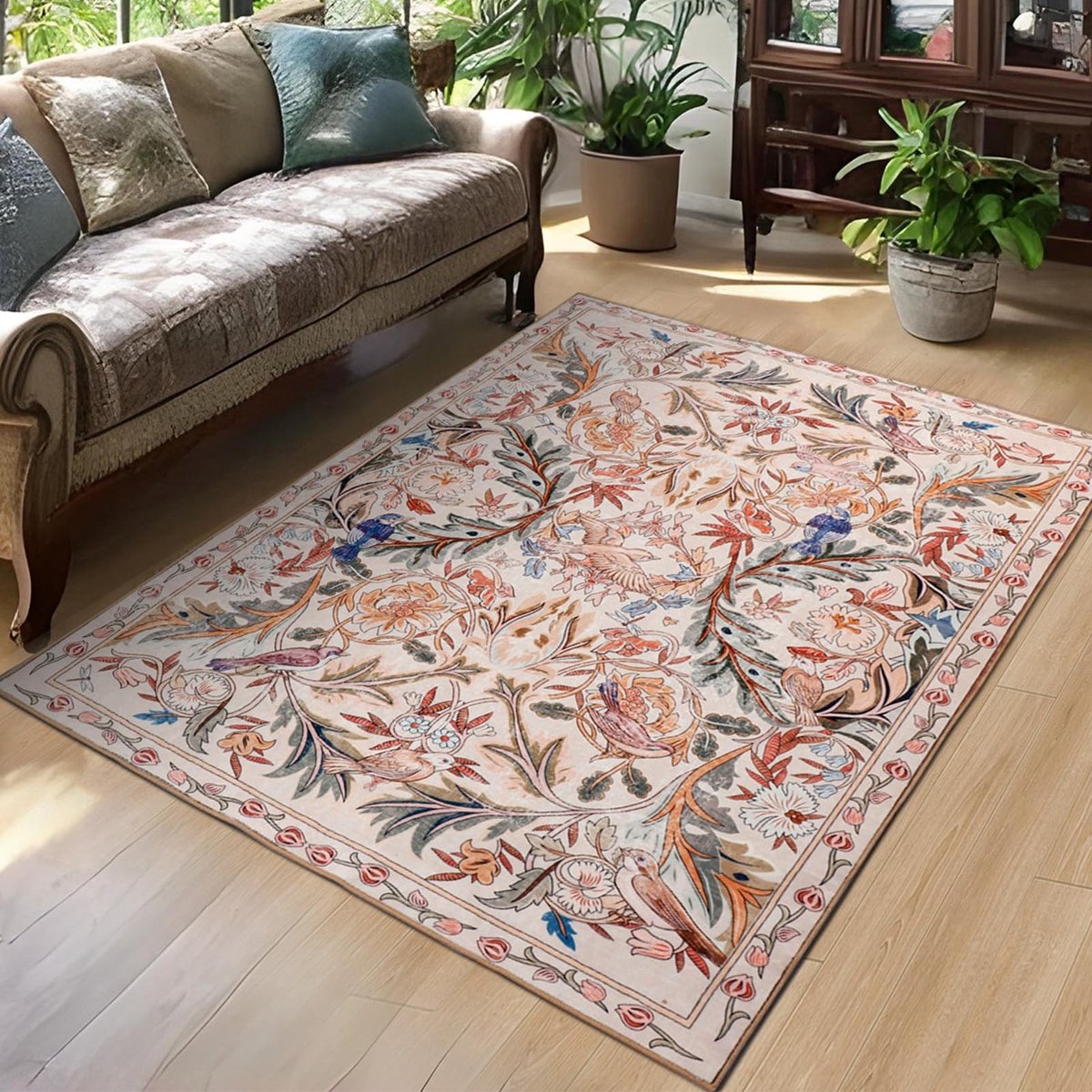 Omgoods - Wasbare Lounge Tapijt met Roze Vogels en Bloemen - 120 x 180 cm