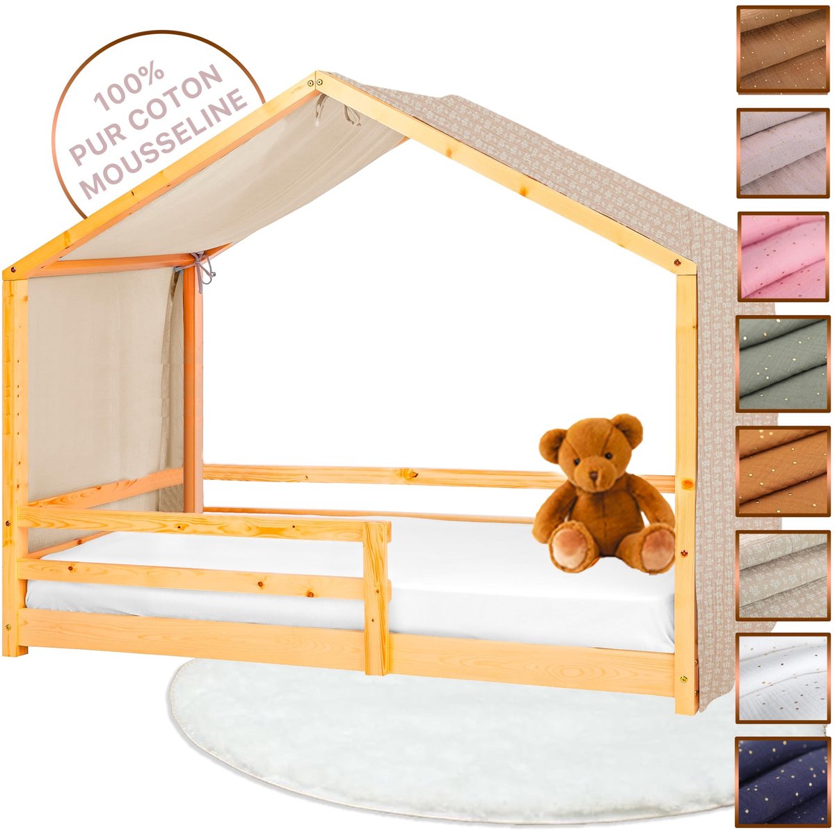 Omgoods - Kanopy Bedgordijn van 100% Katoen voor Kinderbed - Beige, 97 x 402 cm, Zonder Tas